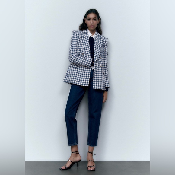 Zara double breasted textured jacket blazer lapel collar shoulder pads - Picture 3 of 10